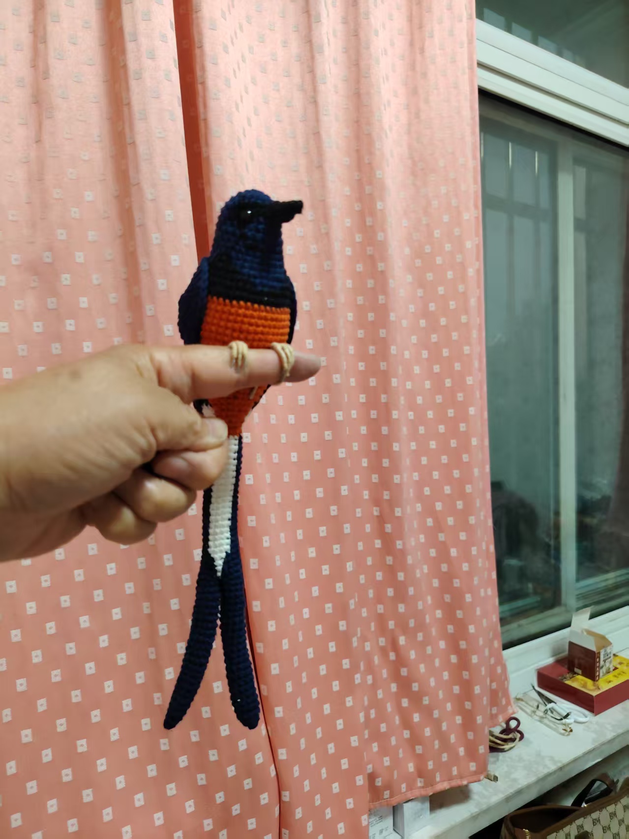Handmade Asian Paradise Flycatcher Figurine, Long-tailed Crochet Bird Plush, Unique Birdwatcher Gift, Home Decor