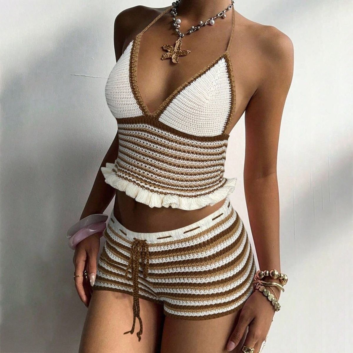 Handmade Crochet Bikini Set – Boho Halter Top & Stripe Shorts with Starfish Necklace, 3 Colors & 3 Sizes Available, Summer Festival Wear - Image 5