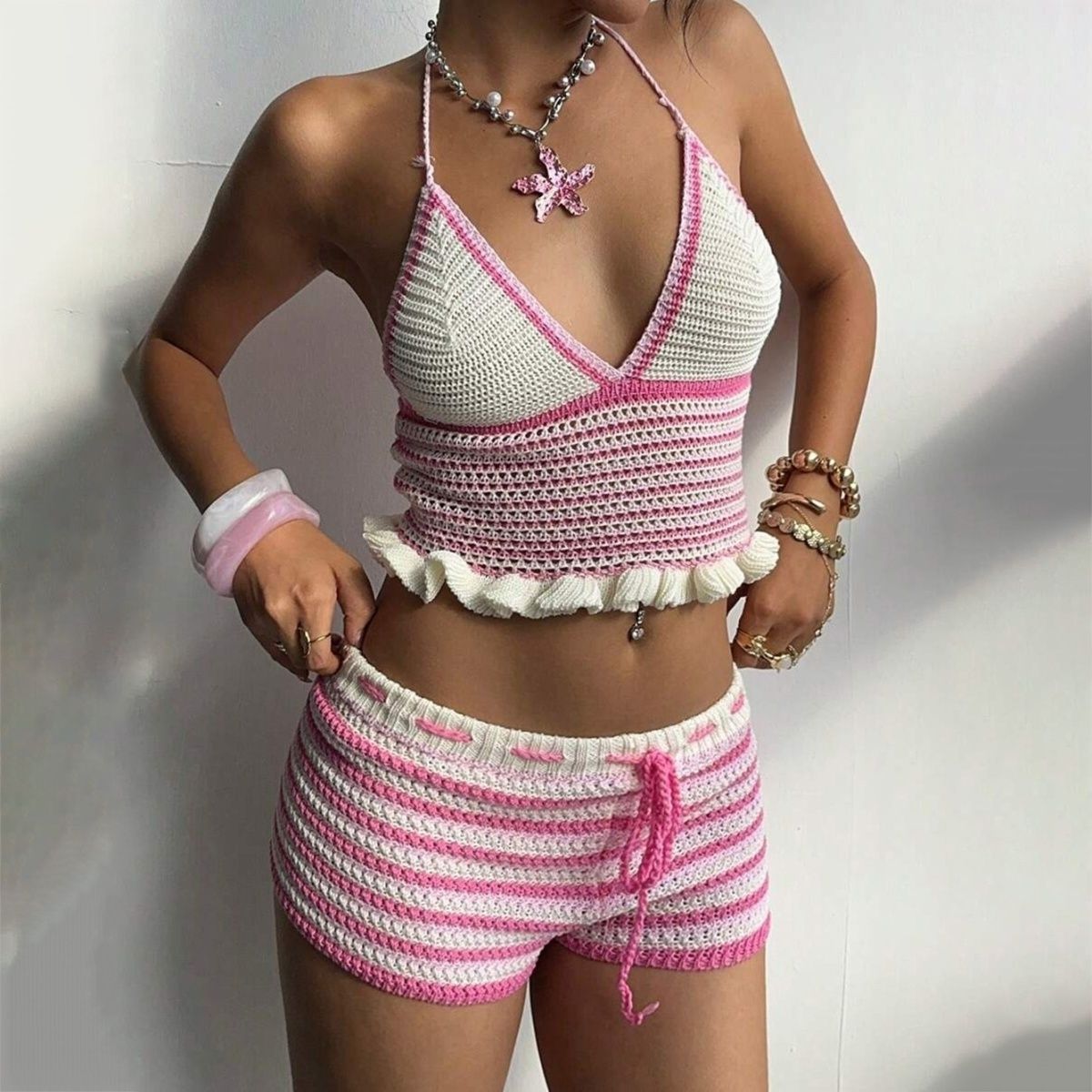 Handmade Crochet Bikini Set – Boho Halter Top & Stripe Shorts with Starfish Necklace, 3 Colors & 3 Sizes Available, Summer Festival Wear - Image 7