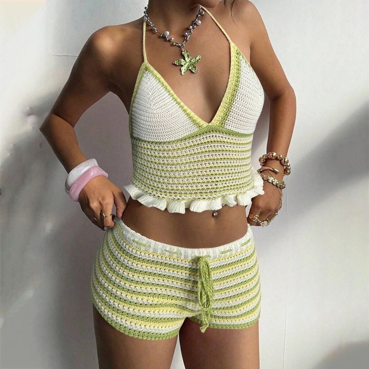 Handmade Crochet Bikini Set – Boho Halter Top & Stripe Shorts with Starfish Necklace, 3 Colors & 3 Sizes Available, Summer Festival Wear - Image 9