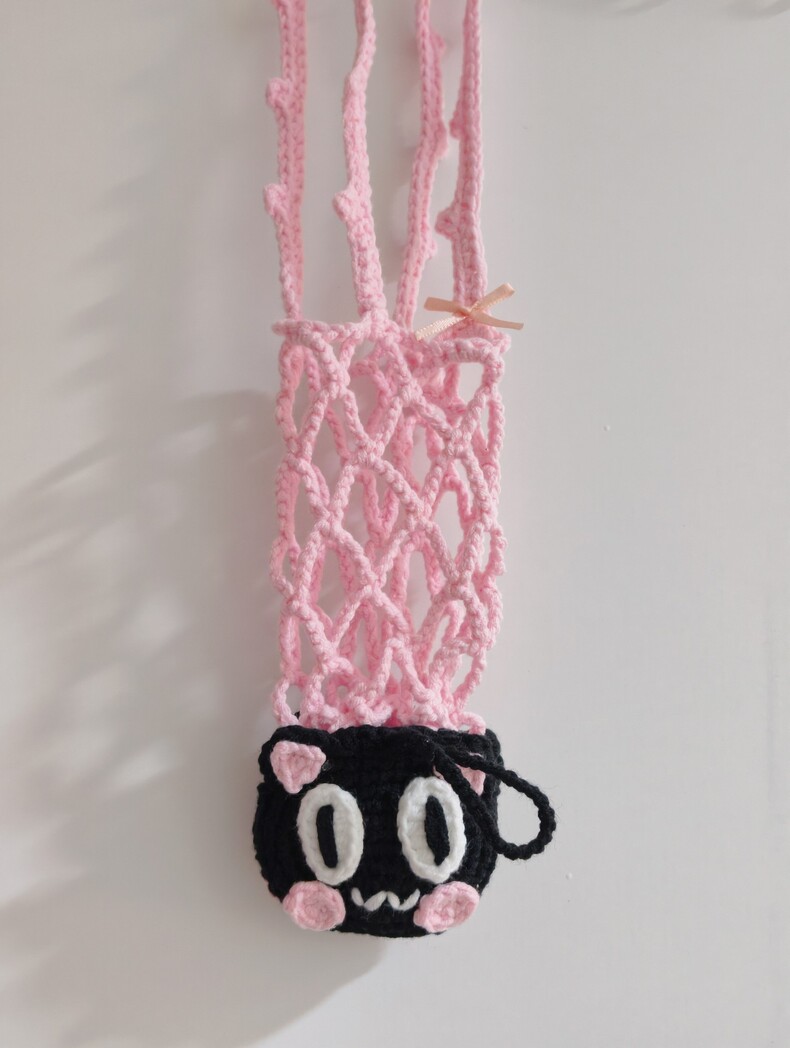2-in-1 Black Cat Crochet Cup Holder | Foldable Drink Carrier & Cute Bag Ornament - Image 2