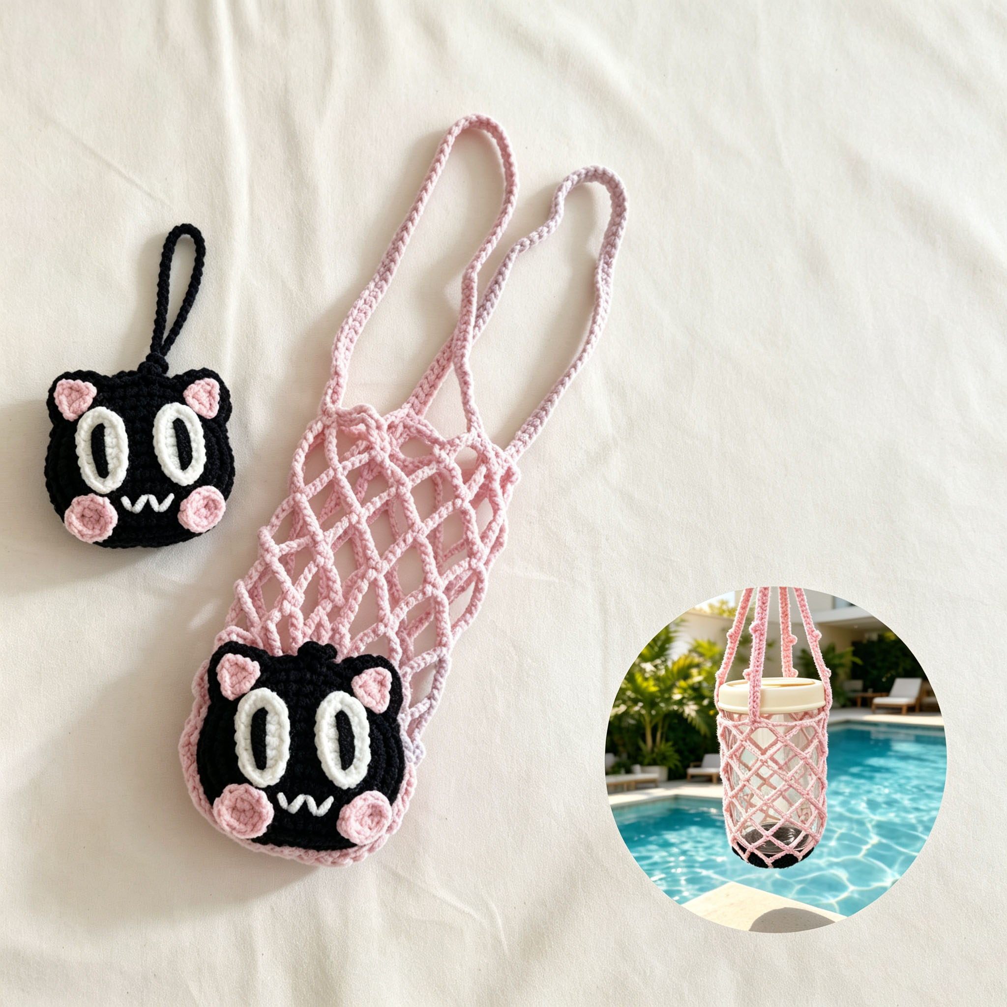 2-in-1 Black Cat Crochet Cup Holder | Foldable Drink Carrier & Cute Bag Ornament