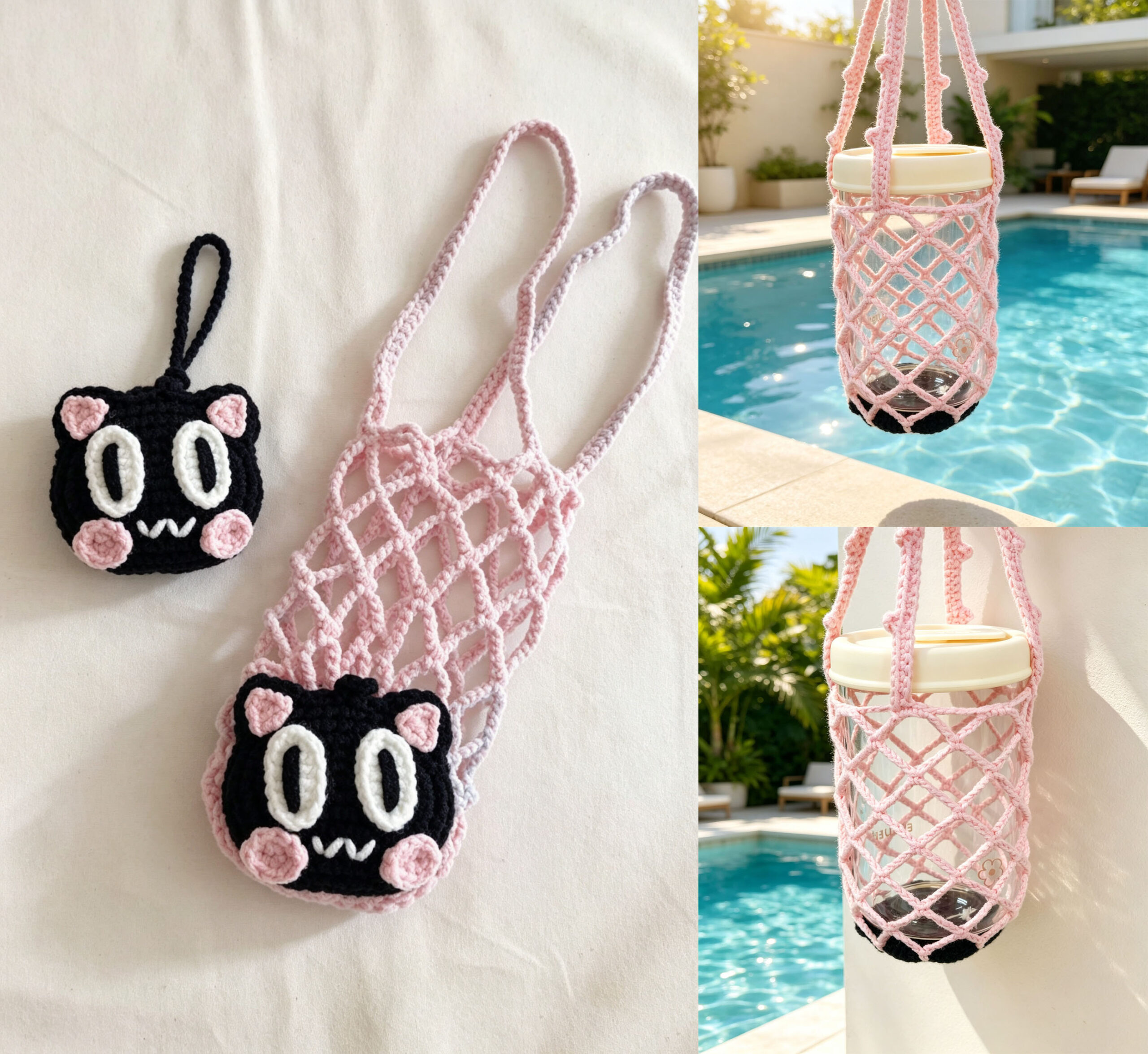2-in-1 Black Cat Crochet Cup Holder | Foldable Drink Carrier & Cute Bag Ornament - Image 15