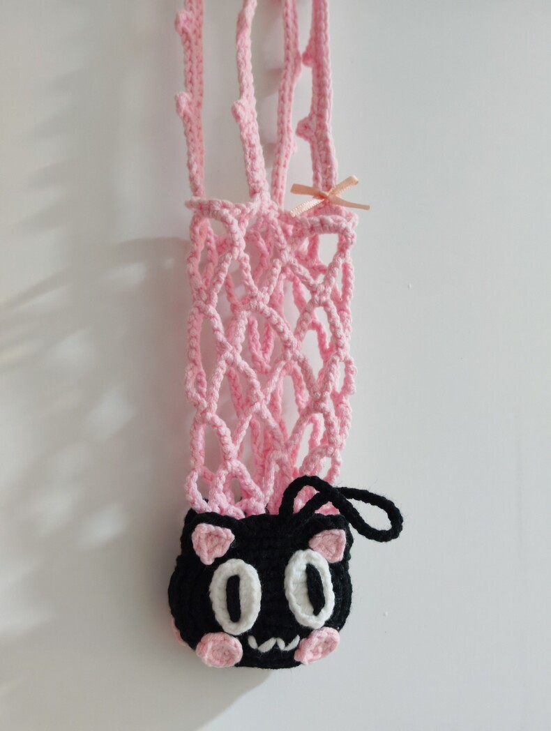 2-in-1 Black Cat Crochet Cup Holder | Foldable Drink Carrier & Cute Bag Ornament - Image 4