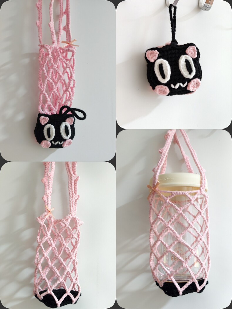 2-in-1 Black Cat Crochet Cup Holder | Foldable Drink Carrier & Cute Bag Ornament - Image 5