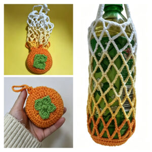 Crochet Bottle Holder Bag – Cute Fruit & Flower 2-in-1 Pouch, Handmade Tumbler Net Carrier & Bag Charm, 3 Colors Available
