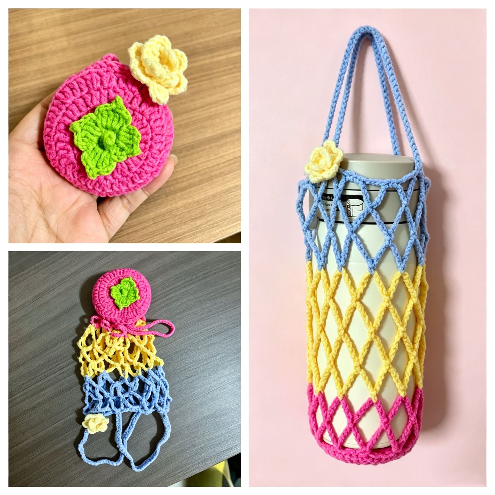 Crochet Bottle Holder Bag – Cute Fruit & Flower 2-in-1 Pouch, Handmade Tumbler Net Carrier & Bag Charm, 3 Colors Available - Image 3
