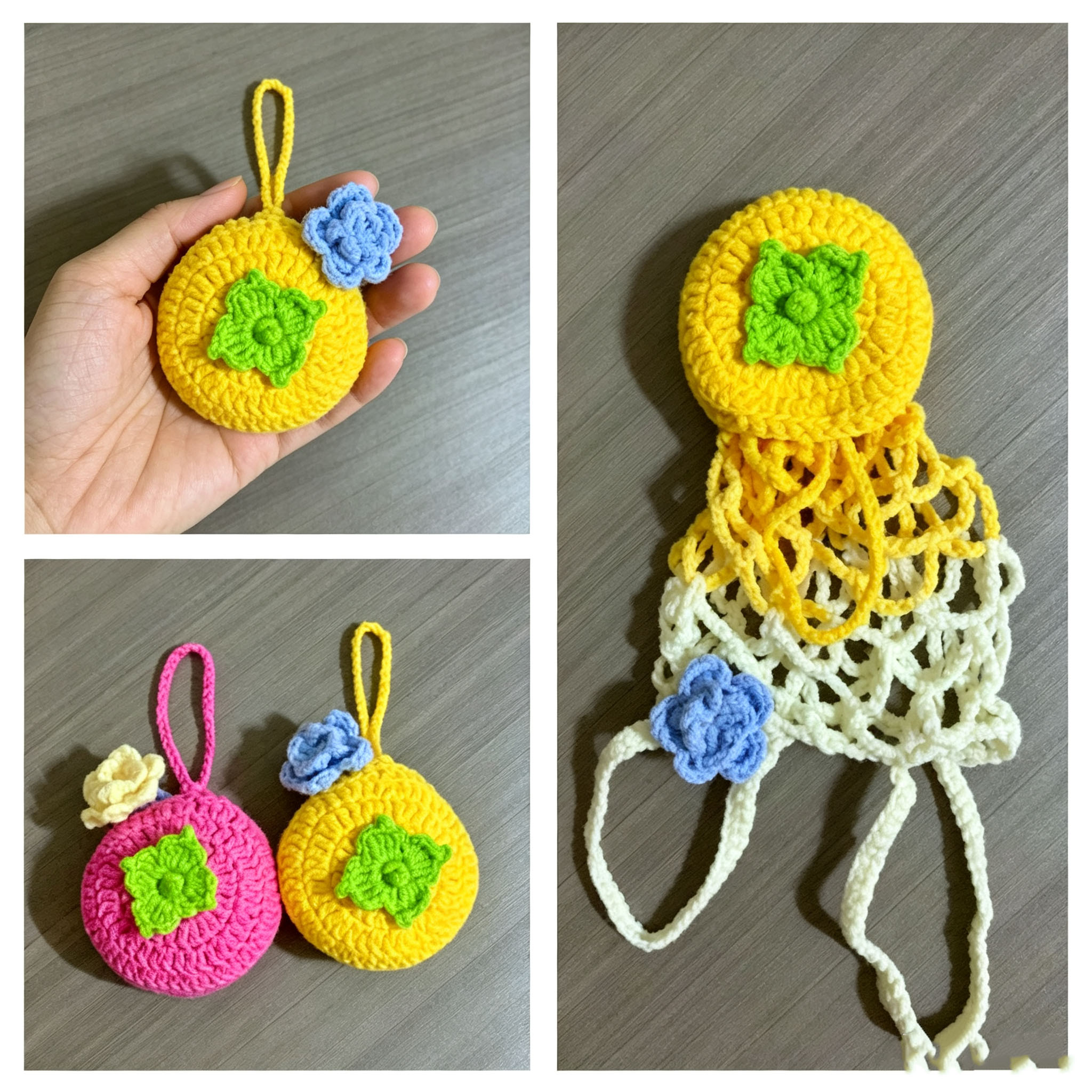 Crochet Bottle Holder Bag – Cute Fruit & Flower 2-in-1 Pouch, Handmade Tumbler Net Carrier & Bag Charm, 3 Colors Available - Image 2