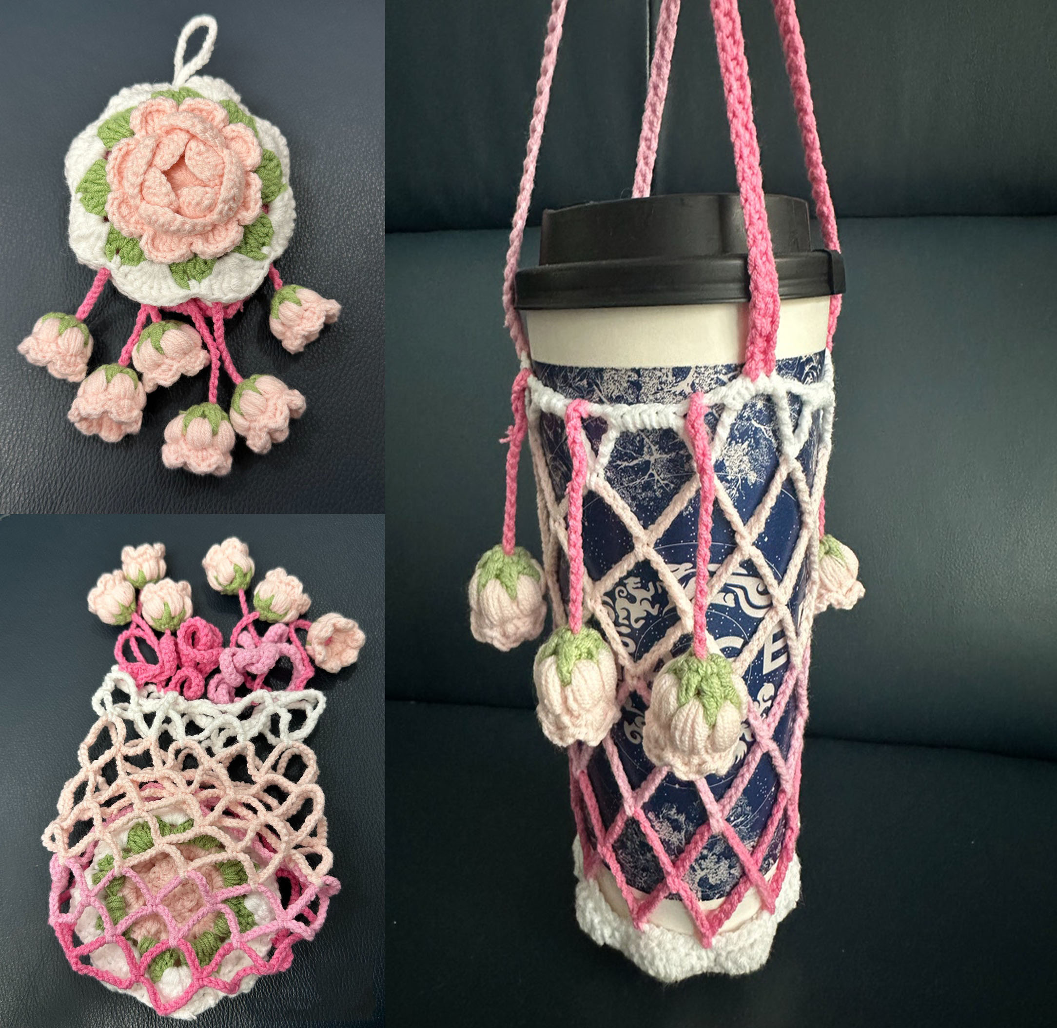 Handmade 2-in-1 Camellia Crochet Cup Sleeve Carrier | Foldable Drink Holder & Decorative Hanging Ornament - Image 2