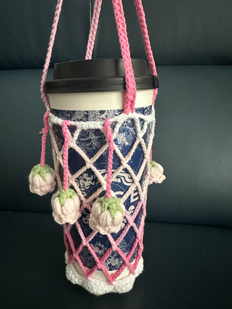 Handmade 2-in-1 Camellia Crochet Cup Sleeve Carrier | Foldable Drink Holder & Decorative Hanging Ornament - Image 4