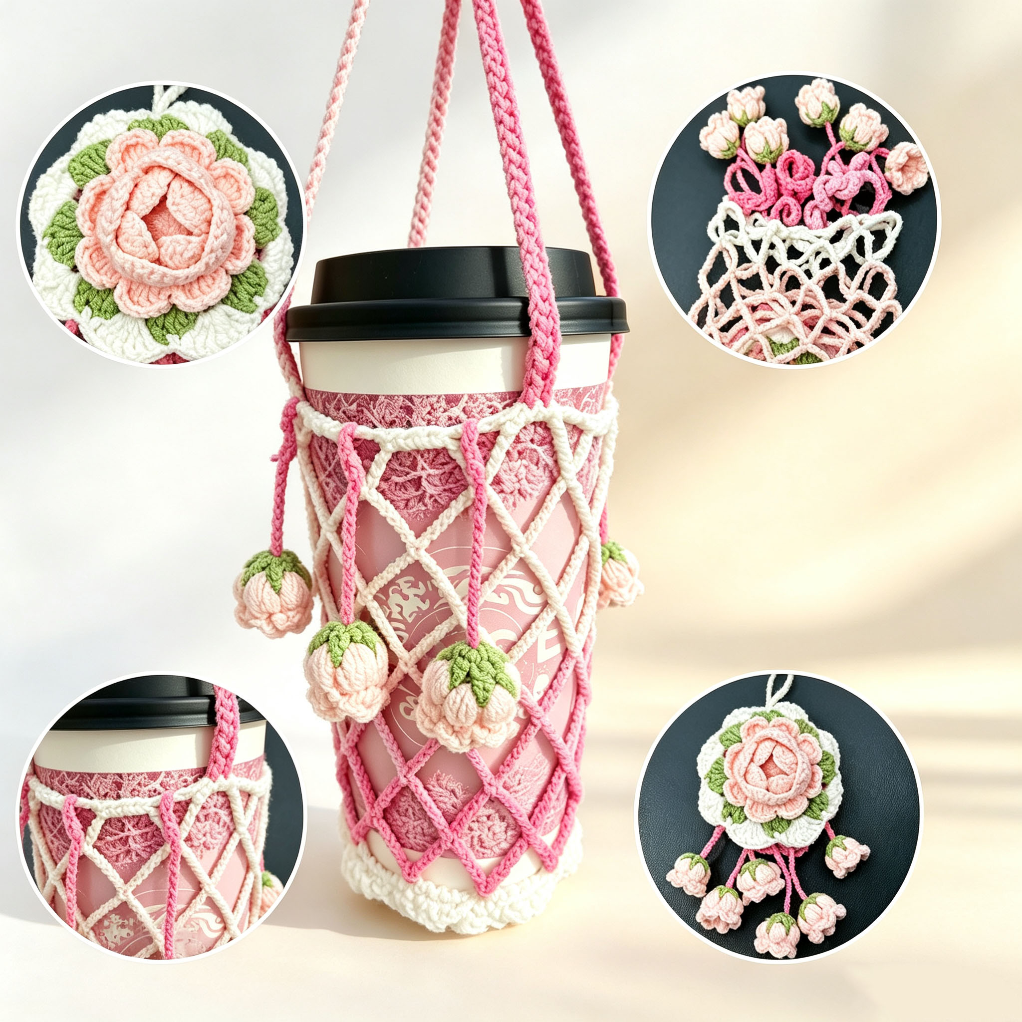 Handmade 2-in-1 Camellia Crochet Cup Sleeve Carrier | Foldable Drink Holder & Decorative Hanging Ornament