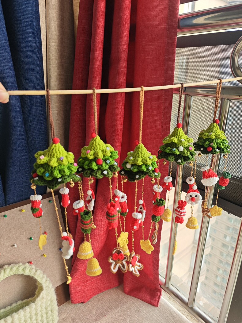 Handmade Crochet Christmas Tree Wind Chime Ornament – Hanging Car Charm & Bag Pendant with Tiny Bells - Image 2