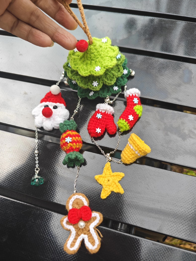 Handmade Crochet Christmas Tree Wind Chime Ornament – Hanging Car Charm & Bag Pendant with Tiny Bells - Image 3