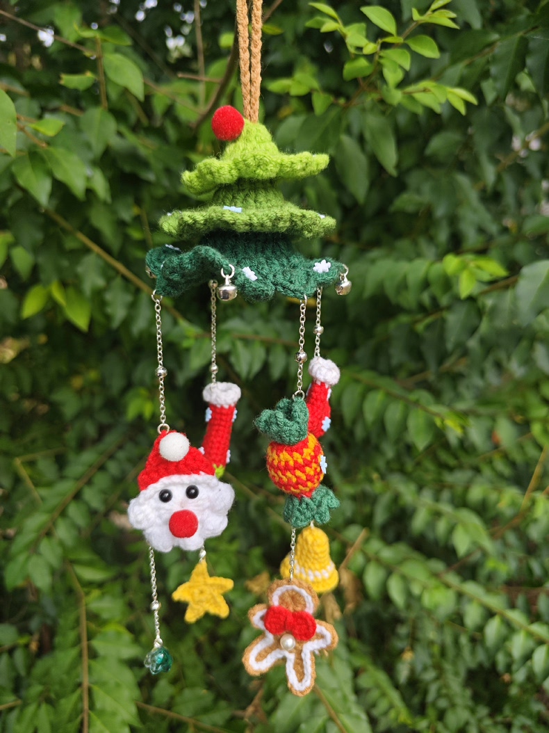 Handmade Crochet Christmas Tree Wind Chime Ornament – Hanging Car Charm & Bag Pendant with Tiny Bells