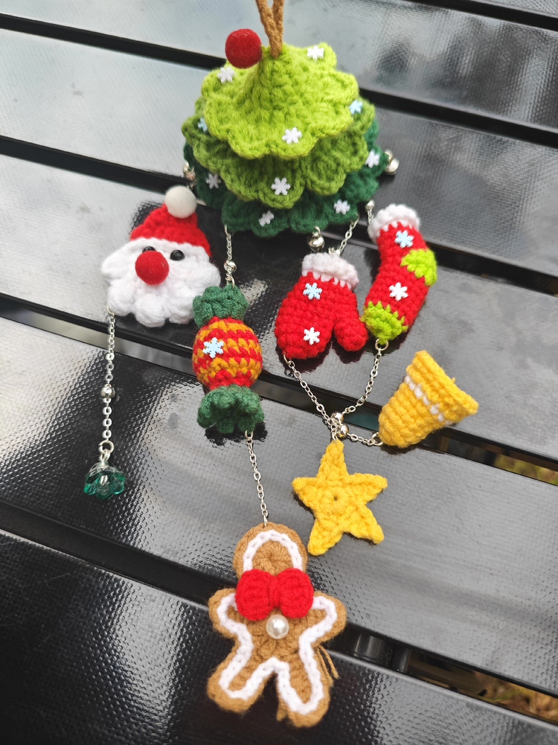 Handmade Crochet Christmas Tree Wind Chime Ornament – Hanging Car Charm & Bag Pendant with Tiny Bells - Image 6