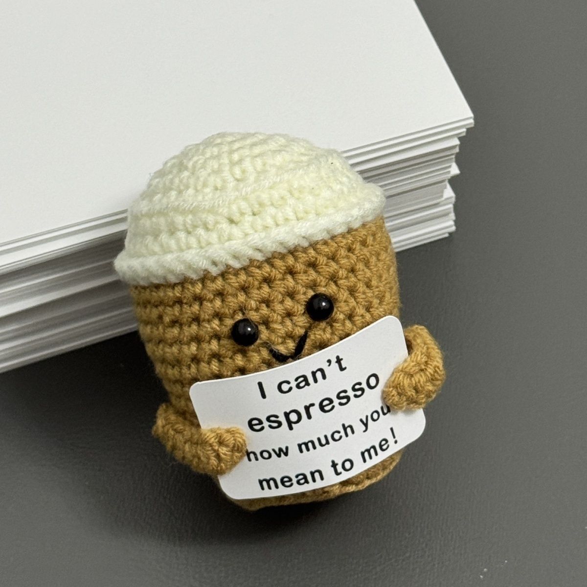 Handmade "I Can't Espresso" Crochet Coffee Cup Plushie | Cute Punny Gift for Coffee Lovers - Image 2