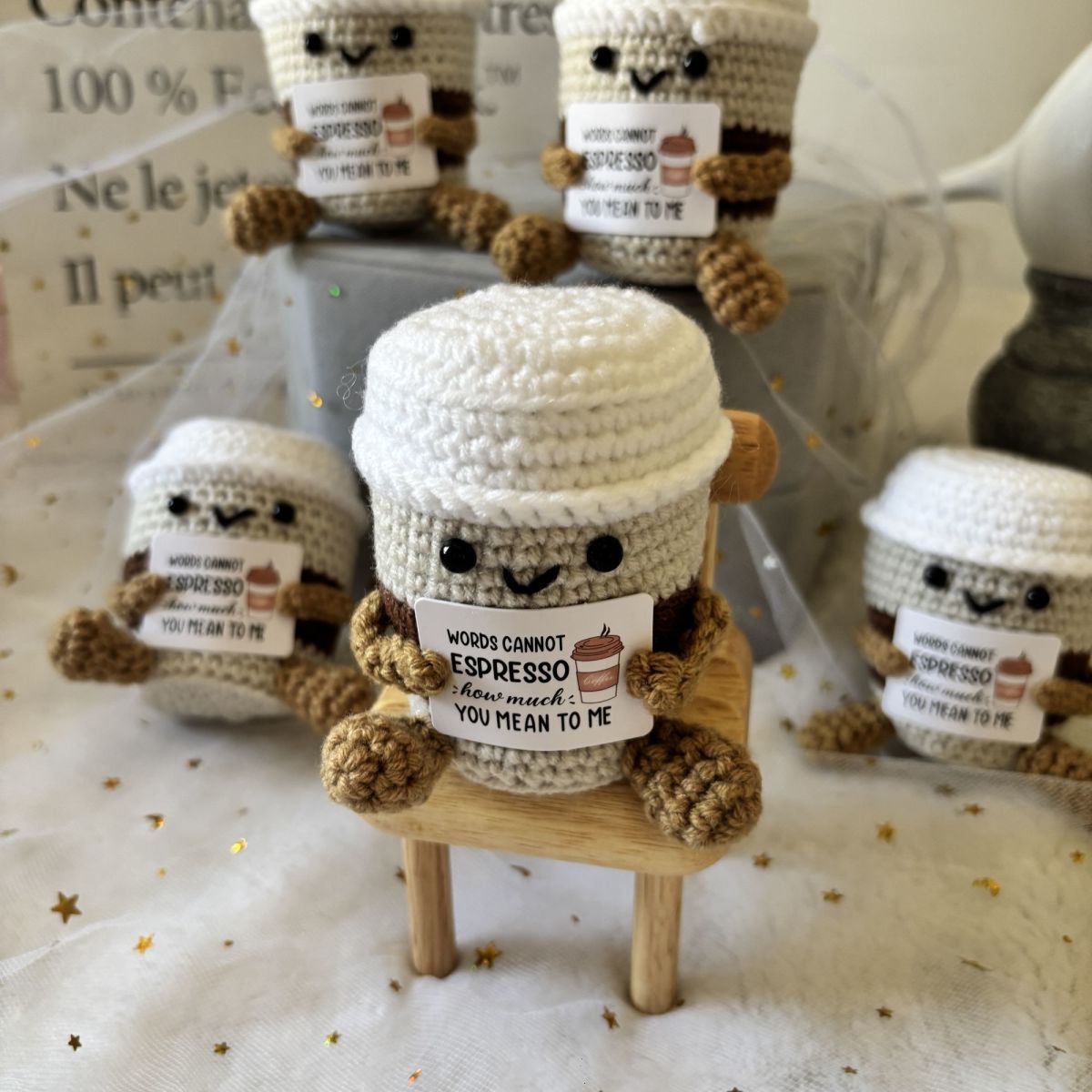 Crochet Coffee Cup Plush – Cute Handmade Amigurumi Espresso Buddy with Funny Pun Card, Gift for Coffee Lovers, Best Friend Gift & Desk Decor - Image 2