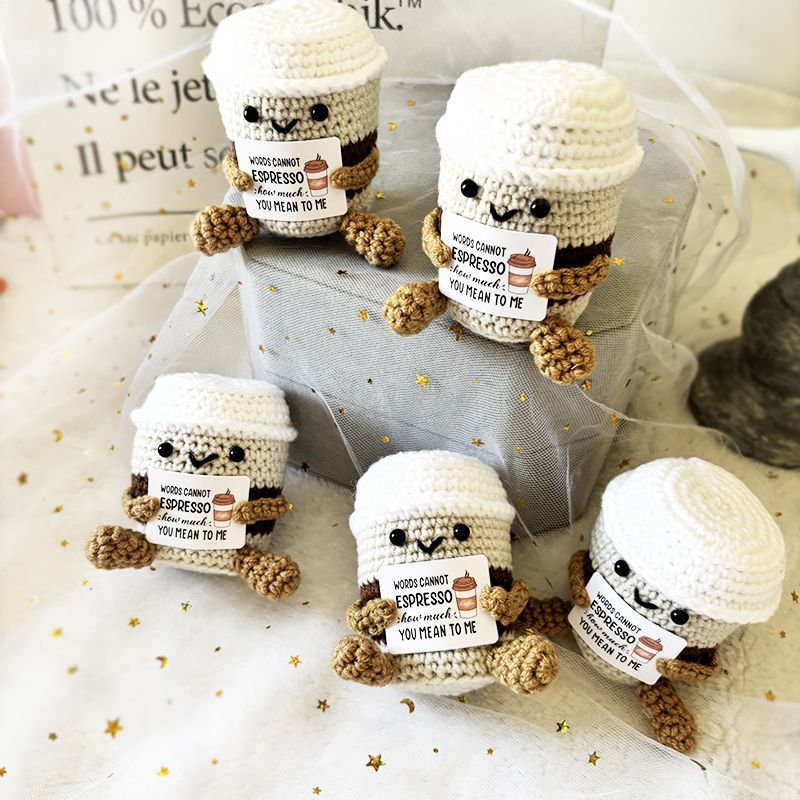 Crochet Coffee Cup Plush – Cute Handmade Amigurumi Espresso Buddy with Funny Pun Card, Gift for Coffee Lovers, Best Friend Gift & Desk Decor - Image 3