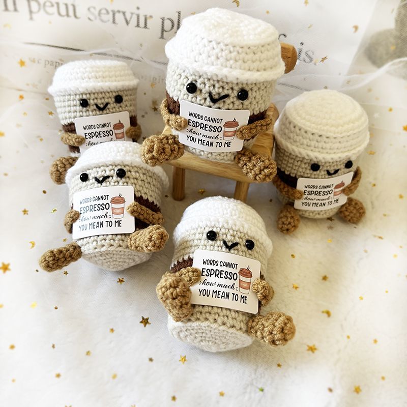 Crochet Coffee Cup Plush – Cute Handmade Amigurumi Espresso Buddy with Funny Pun Card, Gift for Coffee Lovers, Best Friend Gift & Desk Decor - Image 4