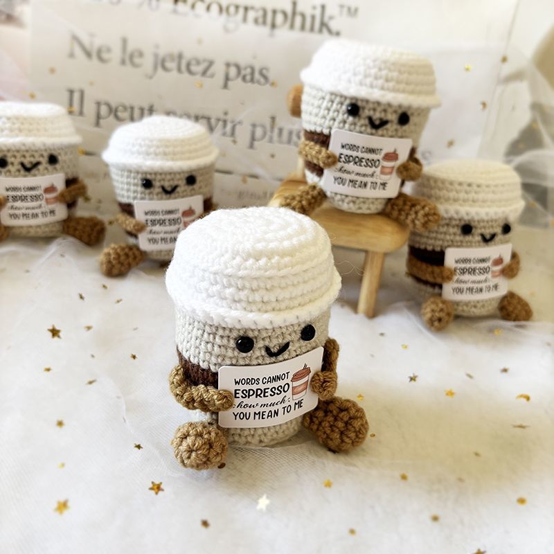 Crochet Coffee Cup Plush – Cute Handmade Amigurumi Espresso Buddy with Funny Pun Card, Gift for Coffee Lovers, Best Friend Gift & Desk Decor - Image 5