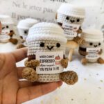 Crochet Coffee Cup Plush – Cute Handmade Amigurumi Espresso Buddy with Funny Pun Card, Gift for Coffee Lovers, Best Friend Gift & Desk Decor