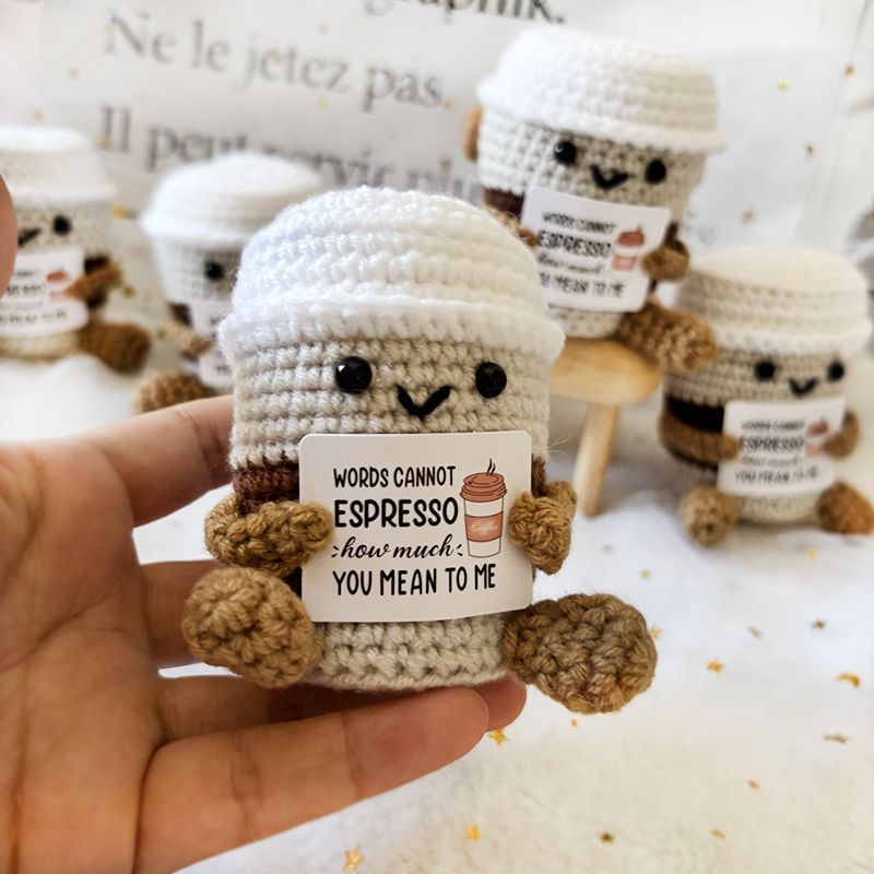 Crochet Coffee Cup Plush – Cute Handmade Amigurumi Espresso Buddy with Funny Pun Card, Gift for Coffee Lovers, Best Friend Gift & Desk Decor