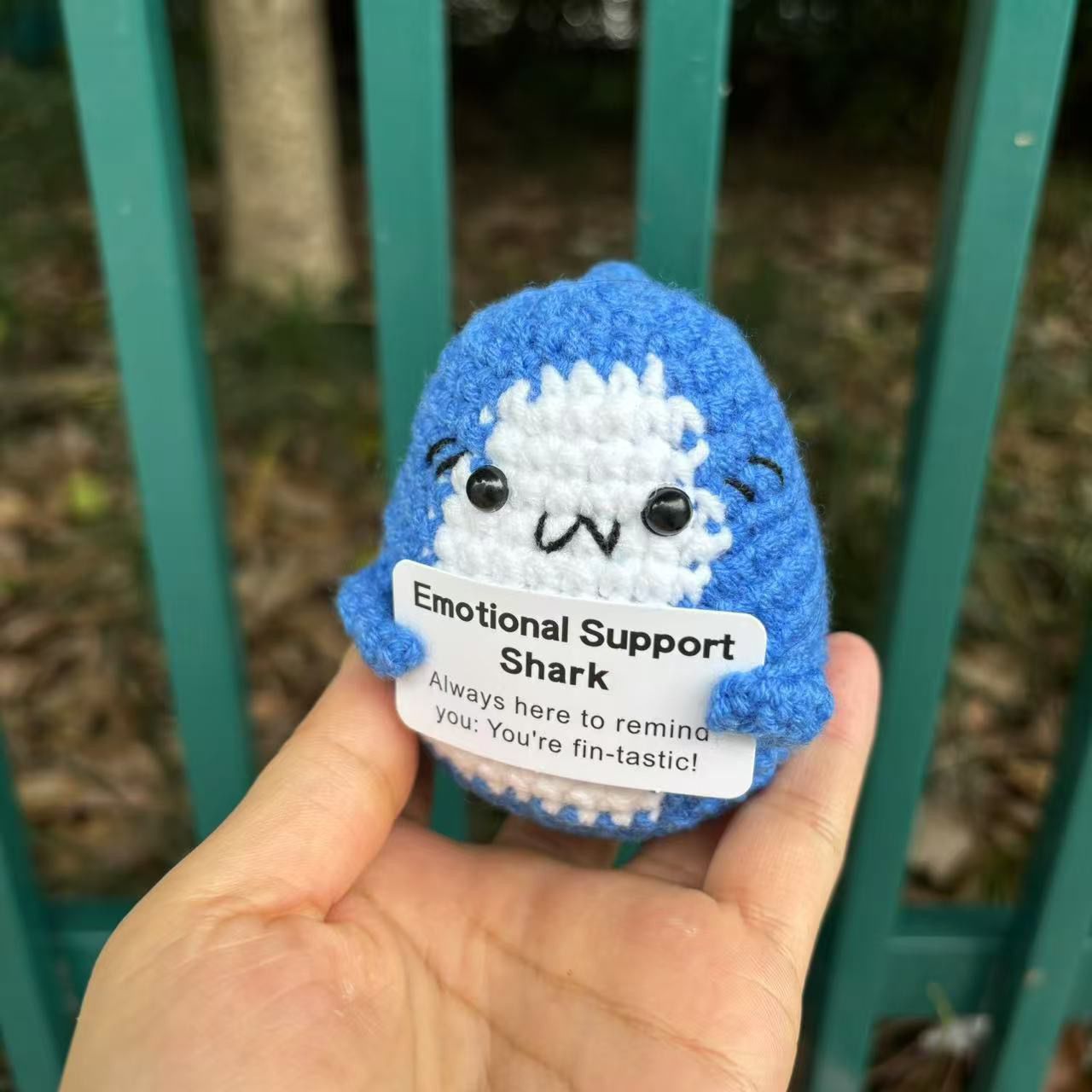 Crochet Emotional Support Shark Plush – Handmade Amigurumi with "Fin-tastic" Pun Card, Cute Desk Buddy & Anxiety Relief Gift, 6 Styles Available - Image 2