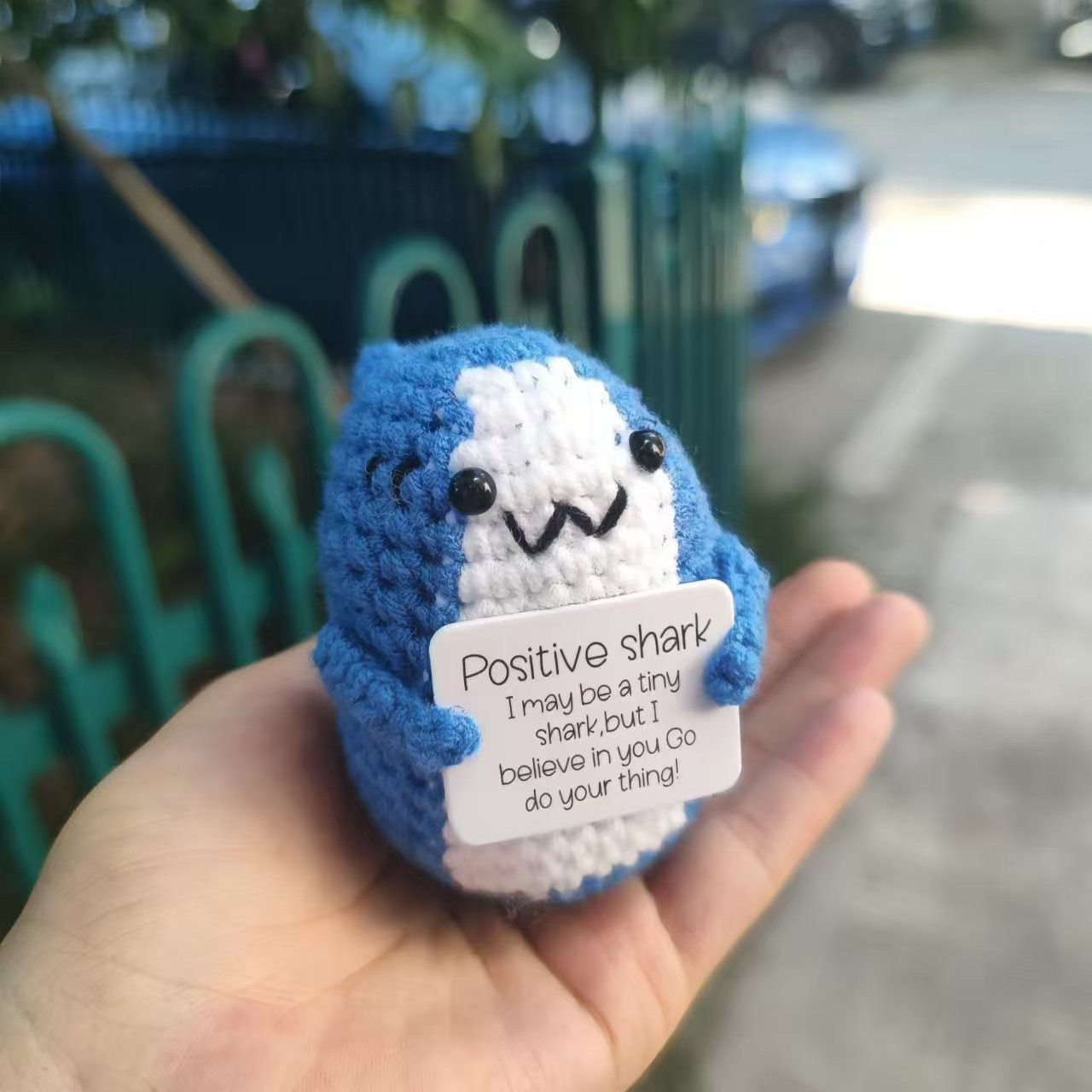 Crochet Emotional Support Shark Plush – Handmade Amigurumi with "Fin-tastic" Pun Card, Cute Desk Buddy & Anxiety Relief Gift, 6 Styles Available - Image 3