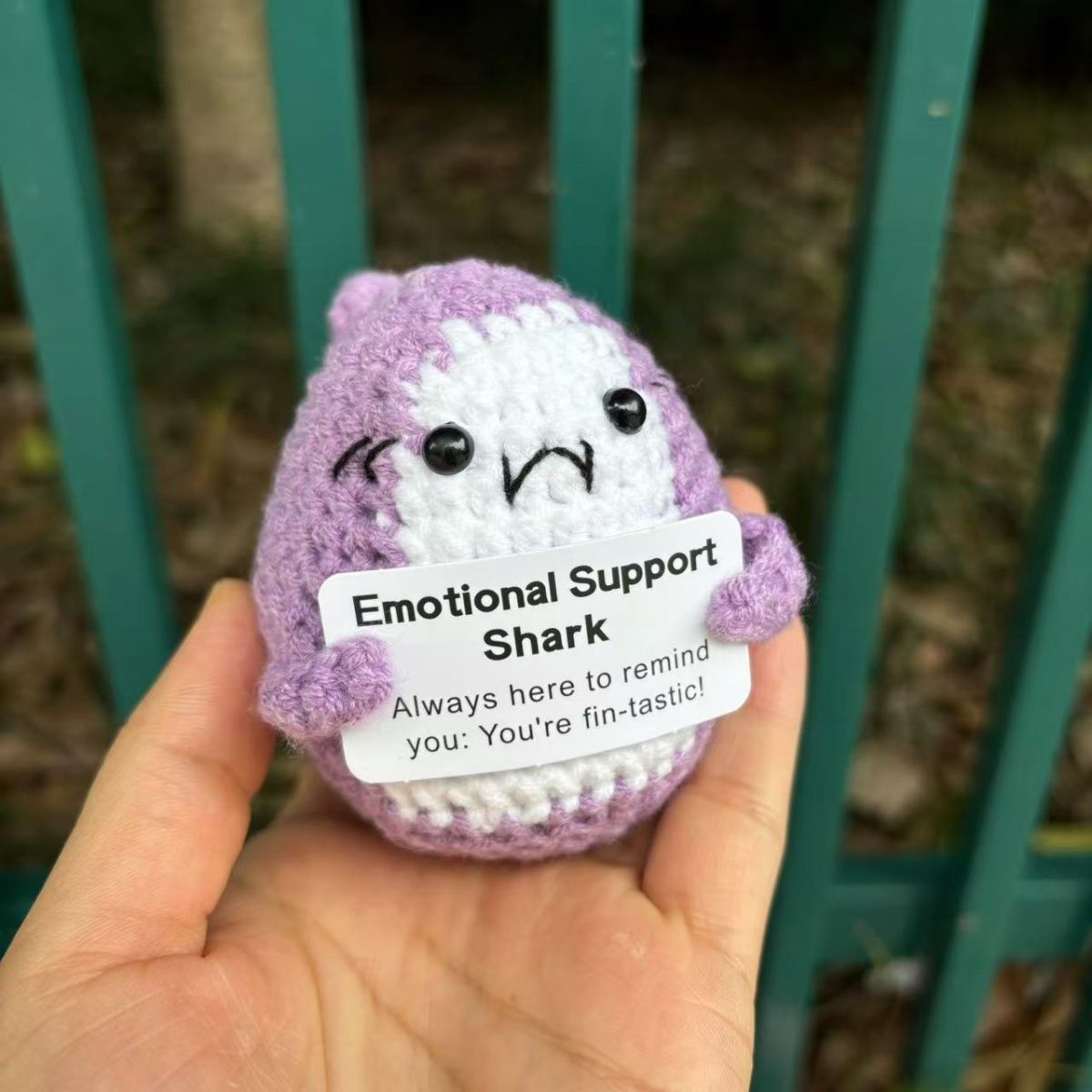 Crochet Emotional Support Shark Plush – Handmade Amigurumi with "Fin-tastic" Pun Card, Cute Desk Buddy & Anxiety Relief Gift, 6 Styles Available - Image 6