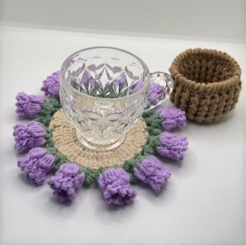 Handmade Crochet Flower Coaster – Cute 3D Rose & Lily Pad Mat with Mini Basket, Cottagecore Tea Cup Holder, Unique Gift for Her, 16 Styles - Image 14