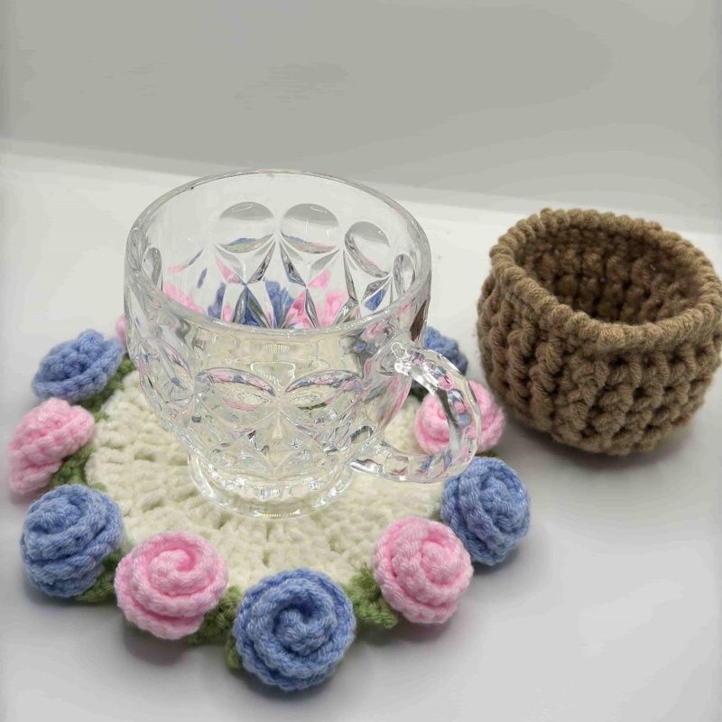 Handmade Crochet Flower Coaster – Cute 3D Rose & Lily Pad Mat with Mini Basket, Cottagecore Tea Cup Holder, Unique Gift for Her, 16 Styles - Image 16