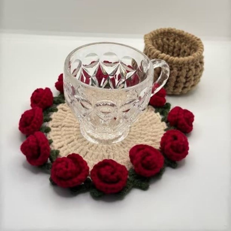 Handmade Crochet Flower Coaster – Cute 3D Rose & Lily Pad Mat with Mini Basket, Cottagecore Tea Cup Holder, Unique Gift for Her, 16 Styles - Image 21