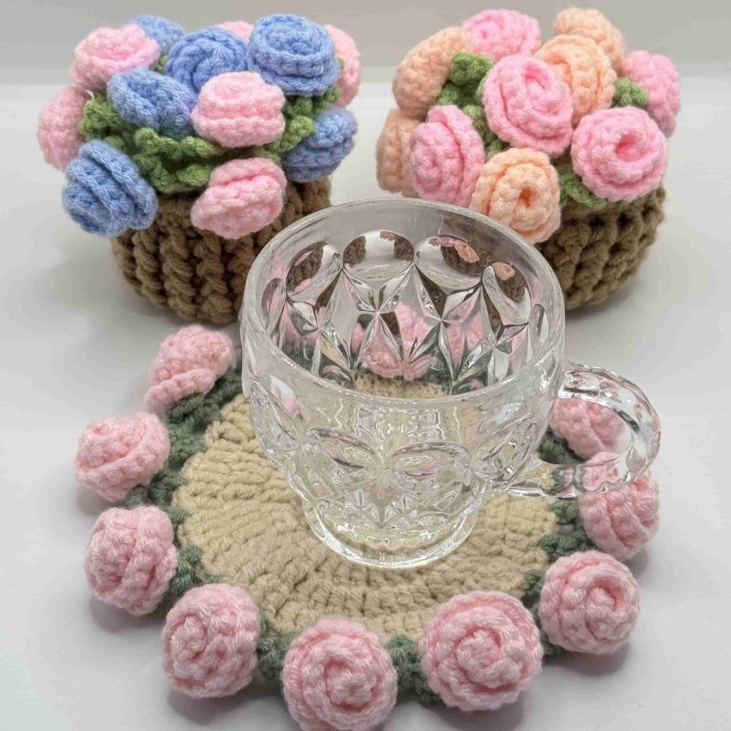 Handmade Crochet Flower Coaster – Cute 3D Rose & Lily Pad Mat with Mini Basket, Cottagecore Tea Cup Holder, Unique Gift for Her, 16 Styles