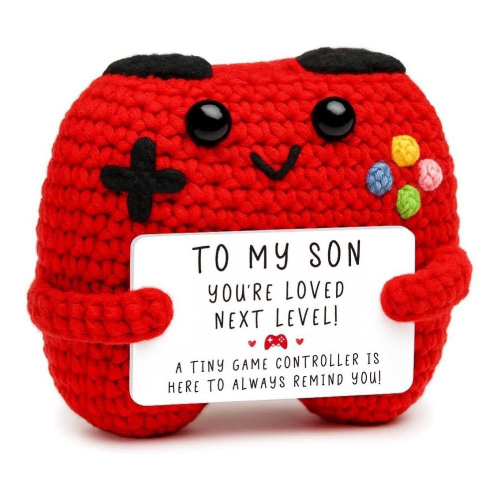 Crochet Game Controller Plush – Handmade Positive Amigurumi with "Next Level" Pun Card, Perfect Gamer Gift for Son, Dad or Husband, 4 Card Styles - Image 3