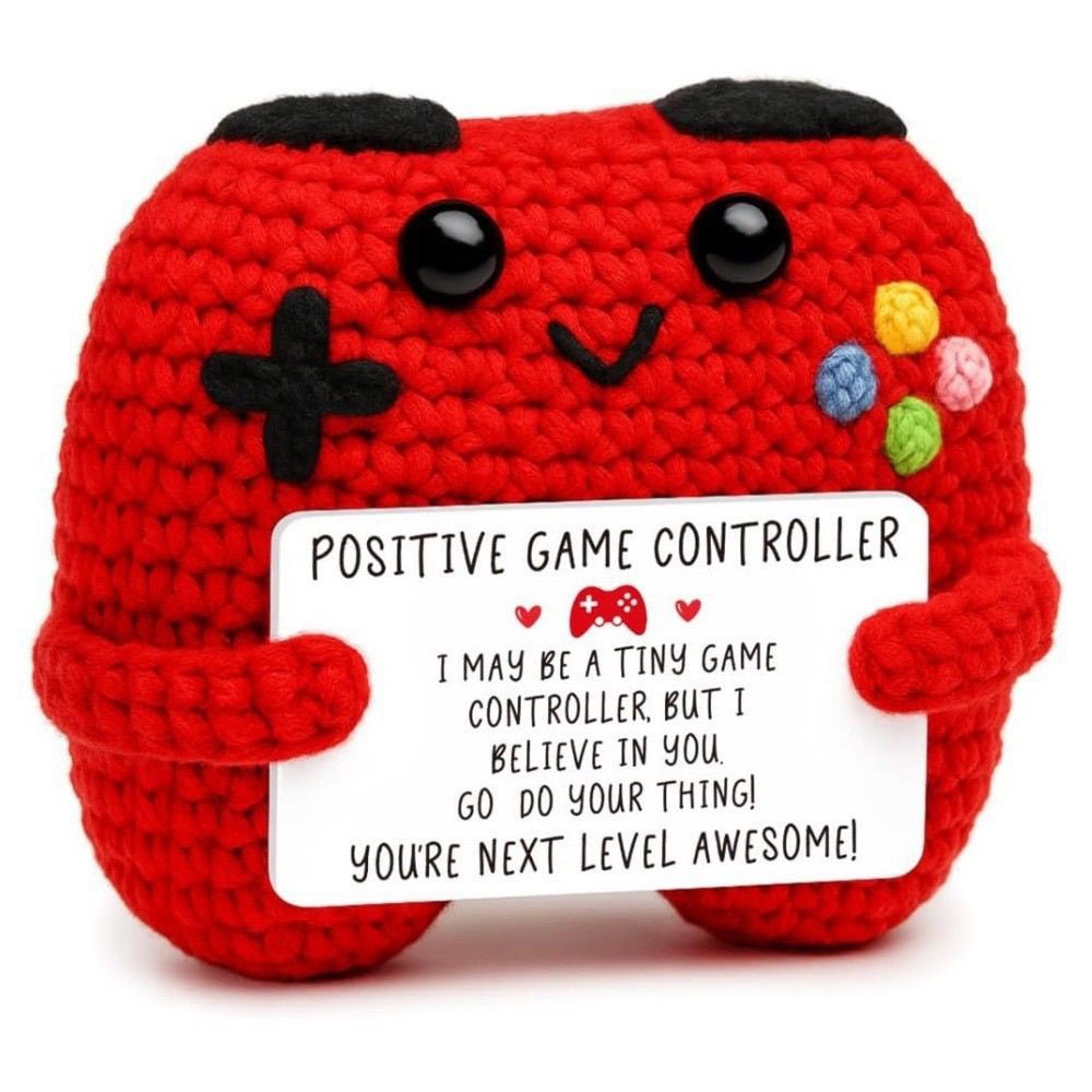 Crochet Game Controller Plush – Handmade Positive Amigurumi with "Next Level" Pun Card, Perfect Gamer Gift for Son, Dad or Husband, 4 Card Styles