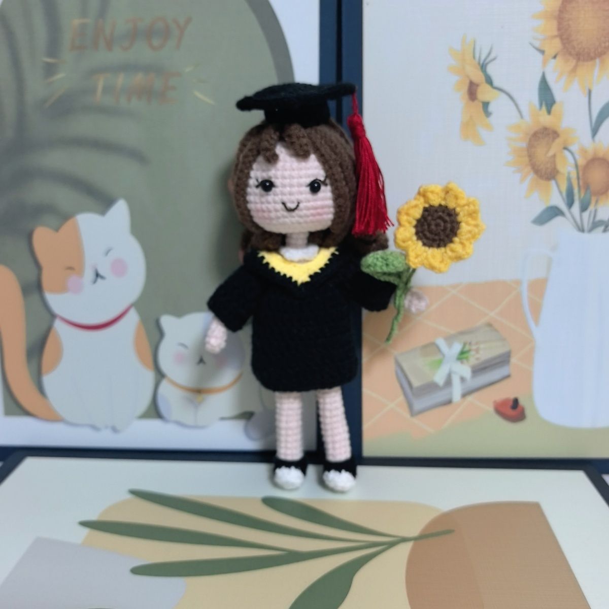 Crochet Graduation Doll – Handmade Amigurumi Boy & Girl with Cap, Gown & Sunflower, Personalized Graduation Gift for Her/Him - Image 7
