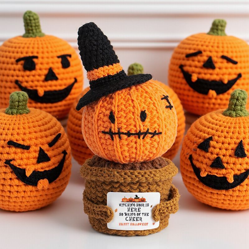 Crochet Halloween Amigurumi – Cute Witch Ghost & Jack-o'-Lantern Pot, Handmade Spooky Desk Decor & Car Accessory, Halloween Gift - Image 5