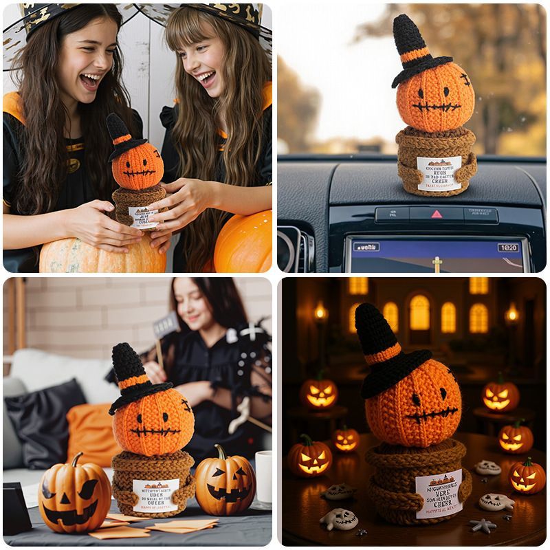 Crochet Halloween Amigurumi – Cute Witch Ghost & Jack-o'-Lantern Pot, Handmade Spooky Desk Decor & Car Accessory, Halloween Gift