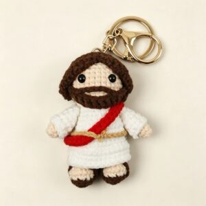 Crochet Jesus Keychain – Handmade Religious Faith Plush with Gold Clasp, Baptism & Christian Gift