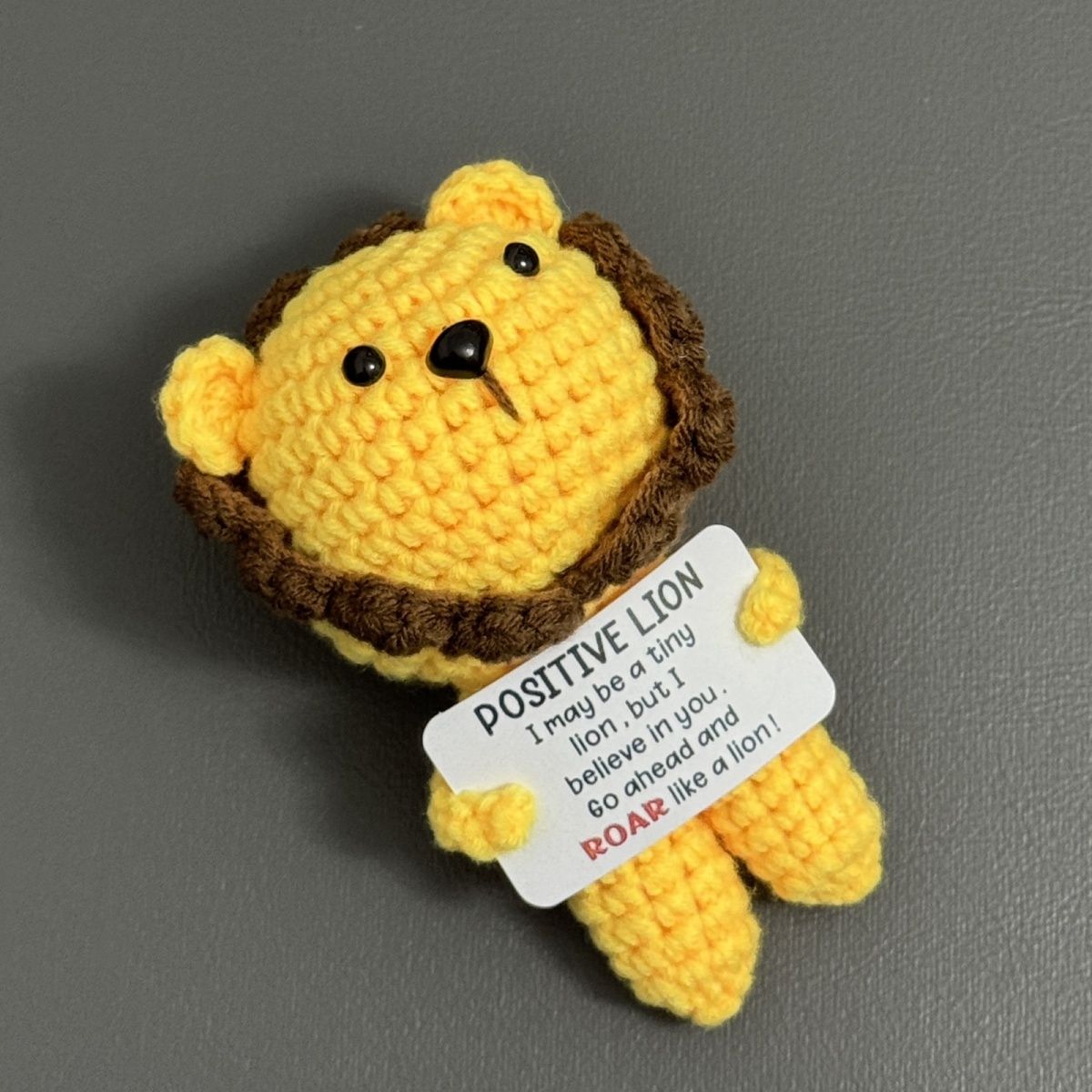 Positive Lion Crochet Plush – Handmade Amigurumi with "ROAR Like a Lion" Pun Card, Cute Encouragement Gift for Friends & Students - Image 2