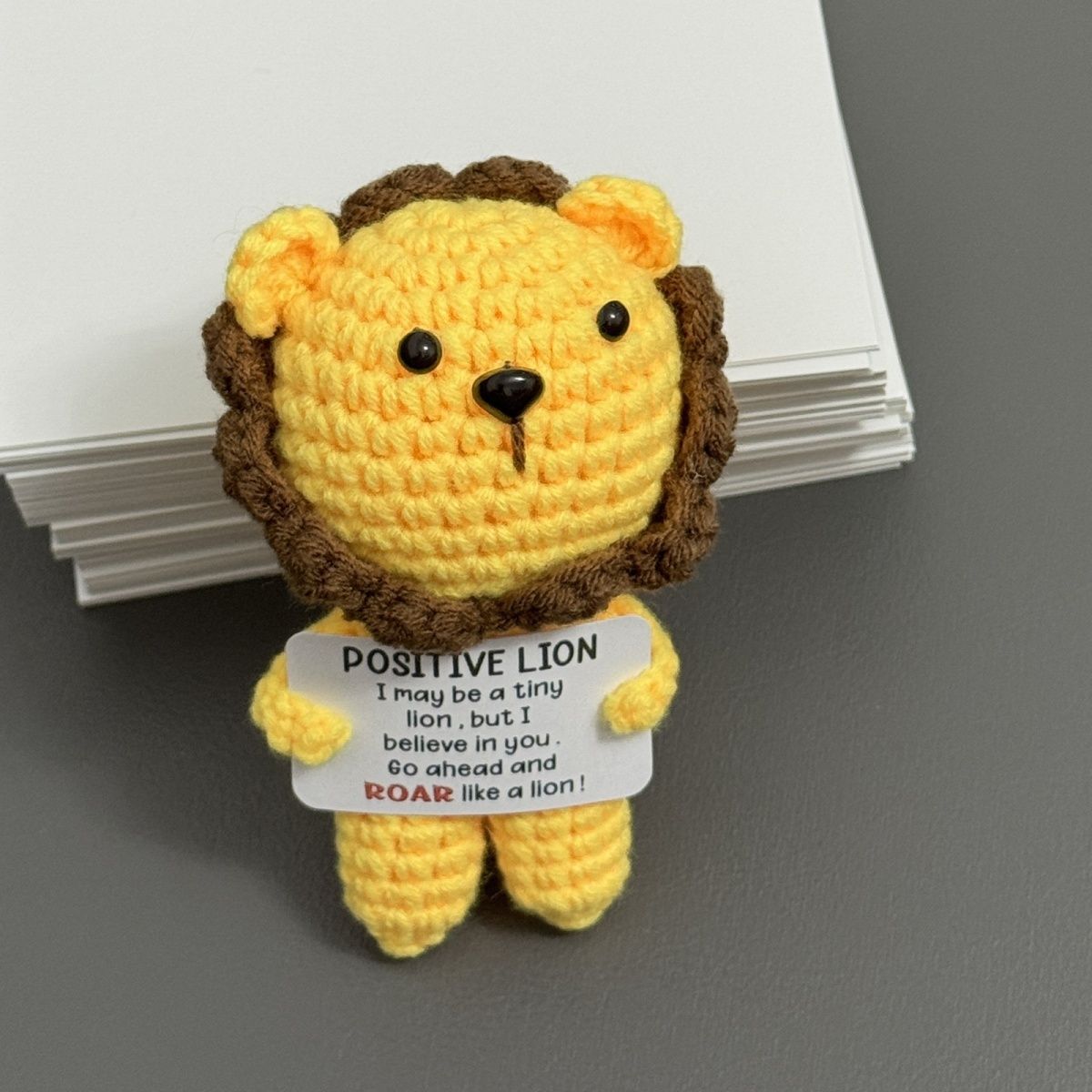 Positive Lion Crochet Plush – Handmade Amigurumi with "ROAR Like a Lion" Pun Card, Cute Encouragement Gift for Friends & Students - Image 3