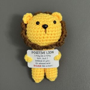 Positive Lion Crochet Plush – Handmade Amigurumi with "ROAR Like a Lion" Pun Card, Cute Encouragement Gift for Friends & Students