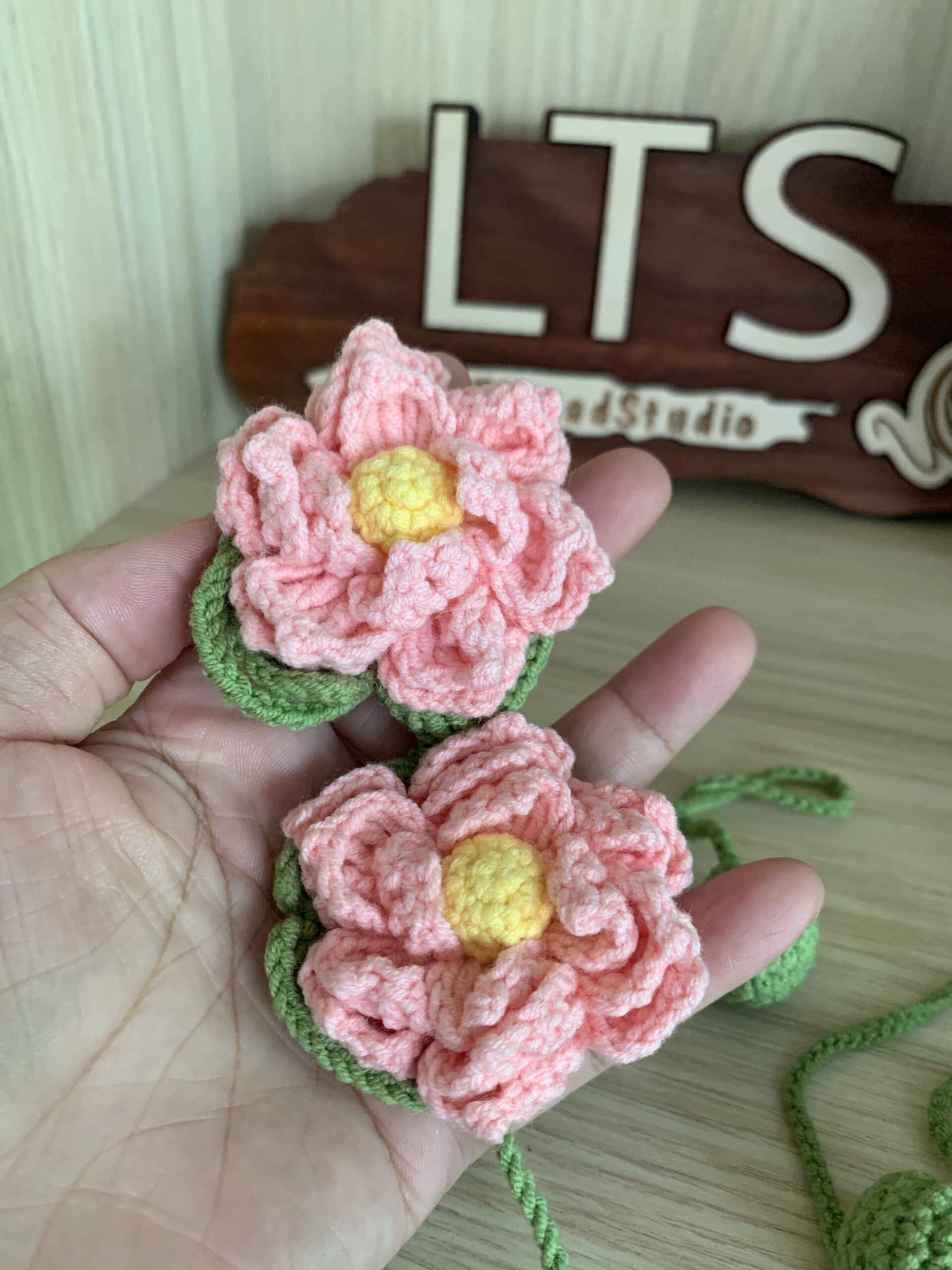 Hand-Crocheted Pink Lotus Flower Keychain, Pastel Floral Bag Charm, Car Ornament - Image 4