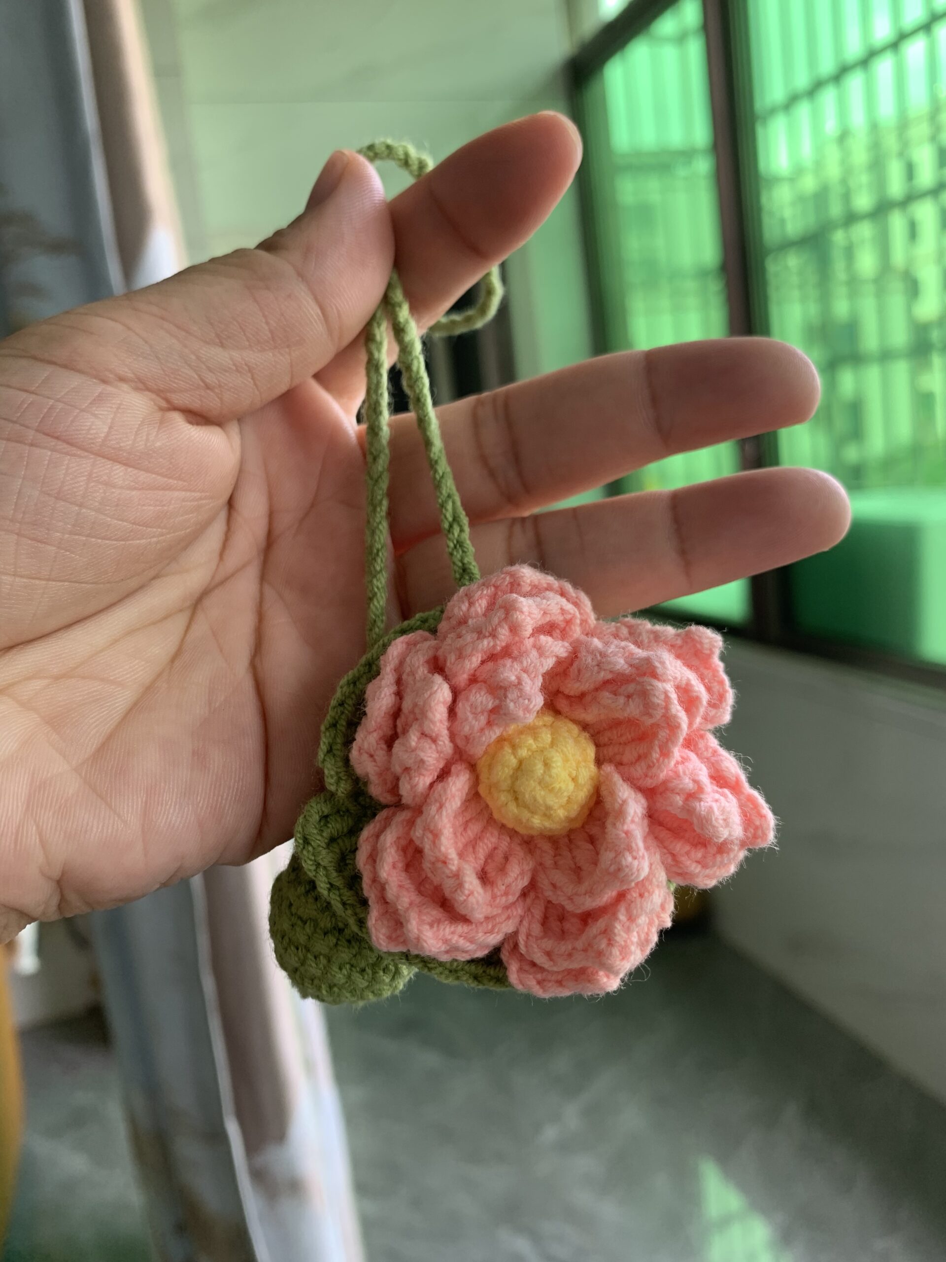 Hand-Crocheted Pink Lotus Flower Keychain, Pastel Floral Bag Charm, Car Ornament - Image 3