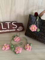 Hand-Crocheted Pink Lotus Flower Keychain, Pastel Floral Bag Charm, Car Ornament