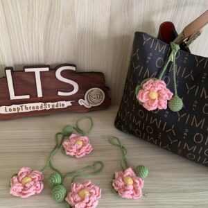 Hand-Crocheted Pink Lotus Flower Keychain, Pastel Floral Bag Charm, Car Ornament