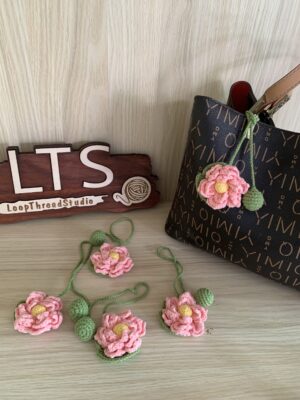 Hand-Crocheted Pink Lotus Flower Keychain, Pastel Floral Bag Charm, Car Ornament