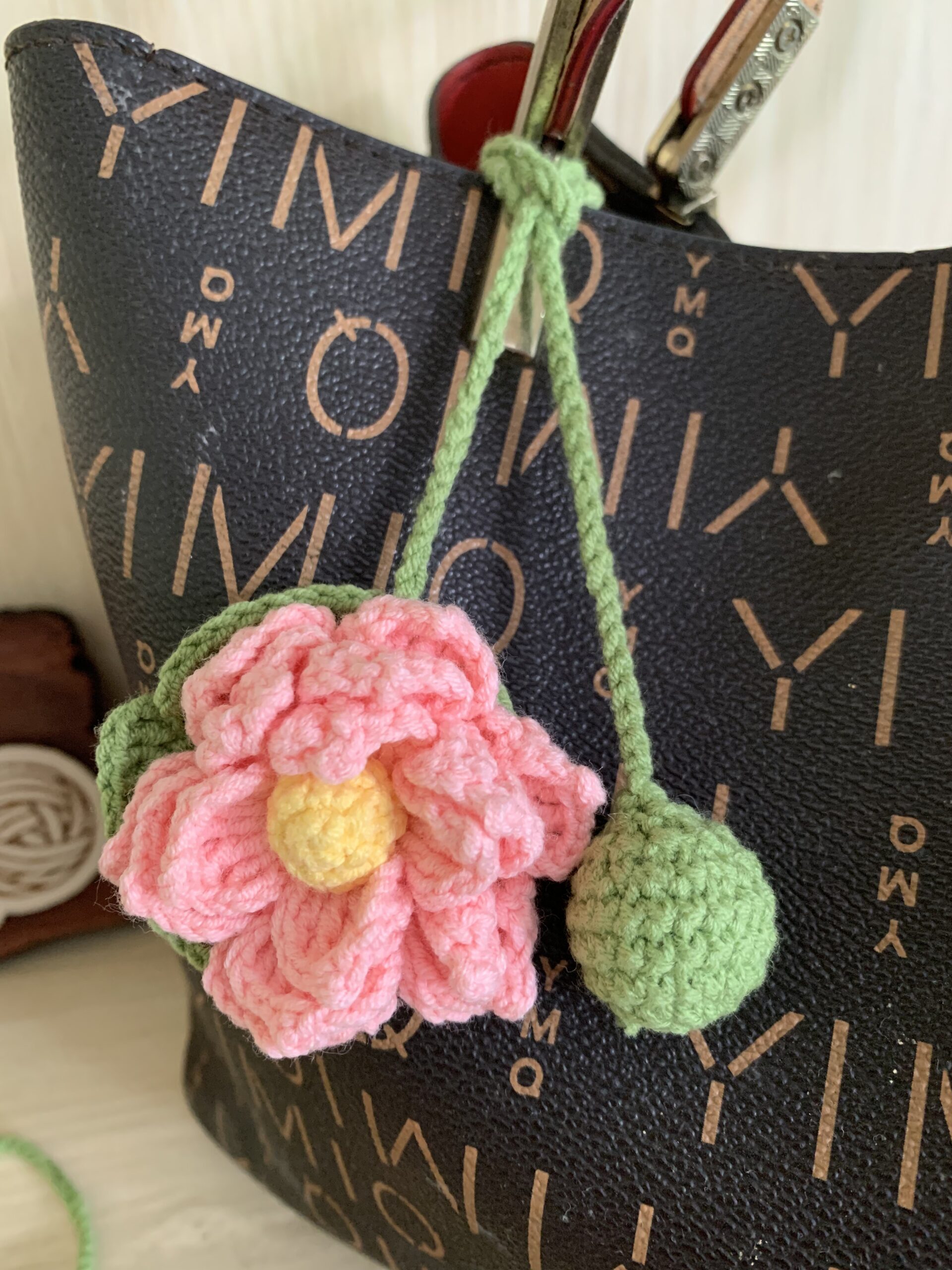 Hand-Crocheted Pink Lotus Flower Keychain, Pastel Floral Bag Charm, Car Ornament - Image 2