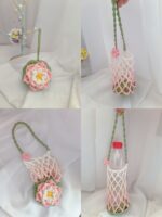 Cotton Water Bottle Holder – Handmade Crochet Lotus Bottle Bag, 2-in-1 Foldable Tumbler Charm, Cute Flower Accessory