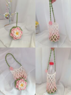 Cotton Water Bottle Holder – Handmade Crochet Lotus Bottle Bag, 2-in-1 Foldable Tumbler Charm, Cute Flower Accessory